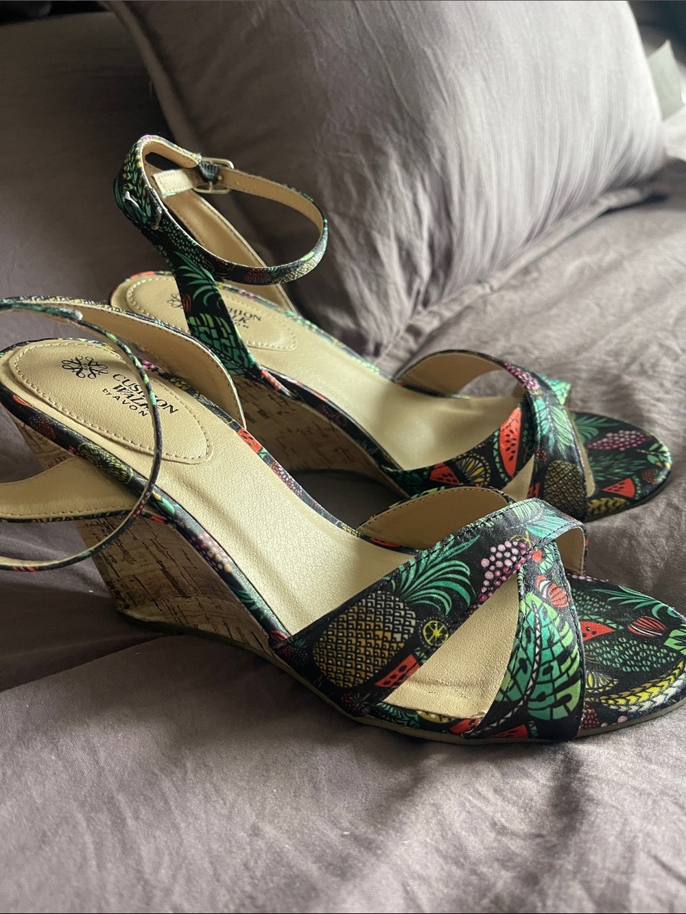 Avon Tropical Print Ankle-Strap Wedge Sandals in Green and Black